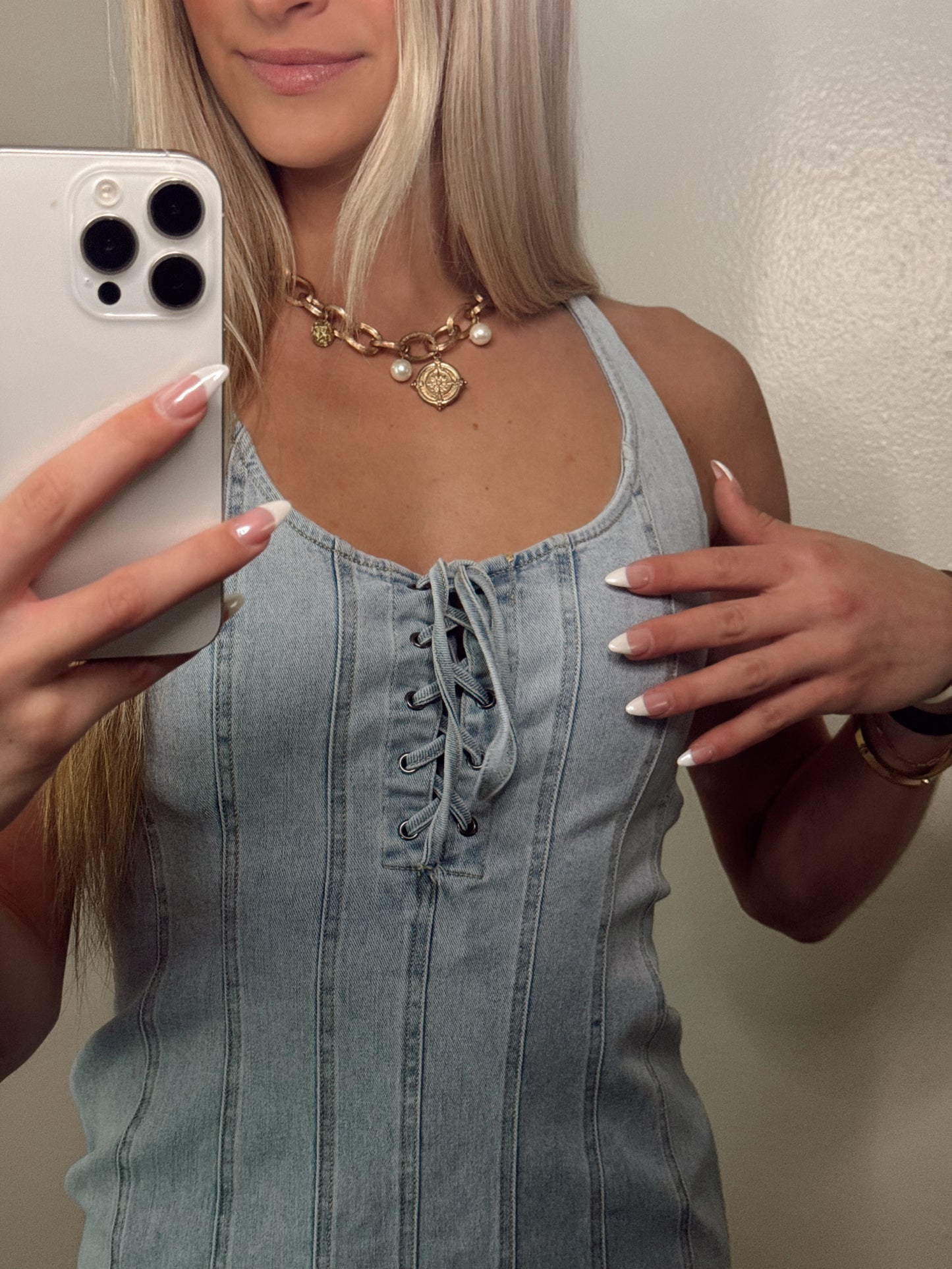 Lace Up Front Halter Denim Dress