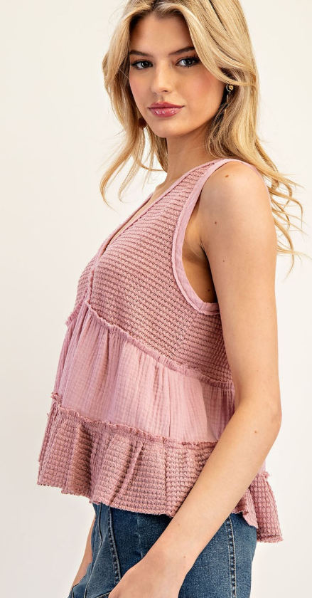 Waffle Knit V-Neck Top
