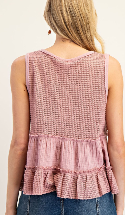 Waffle Knit V-Neck Top