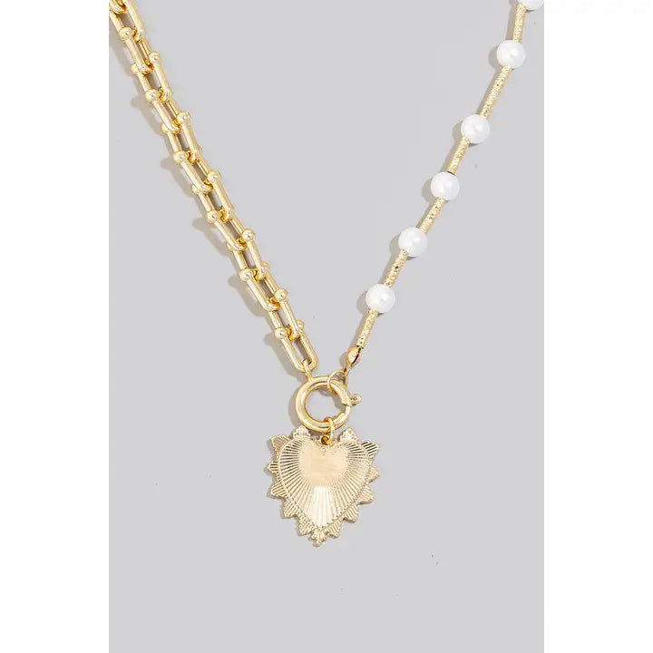 Heart Pendant Pearl Beads and Chain Necklace