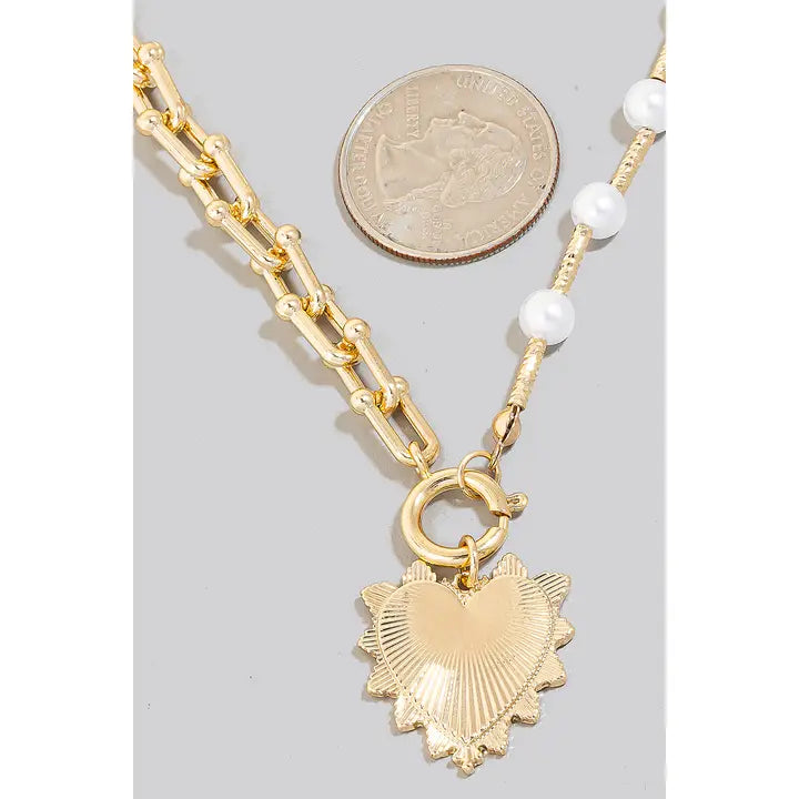 Heart Pendant Pearl Beads and Chain Necklace