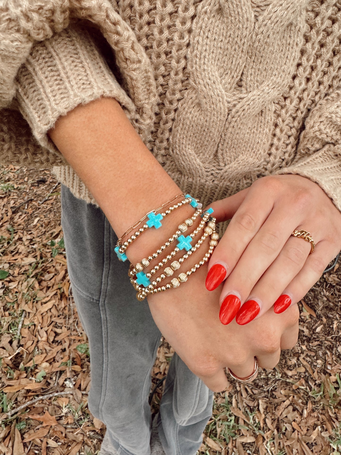 Gold beaded Bracelet With Turquoise Cross