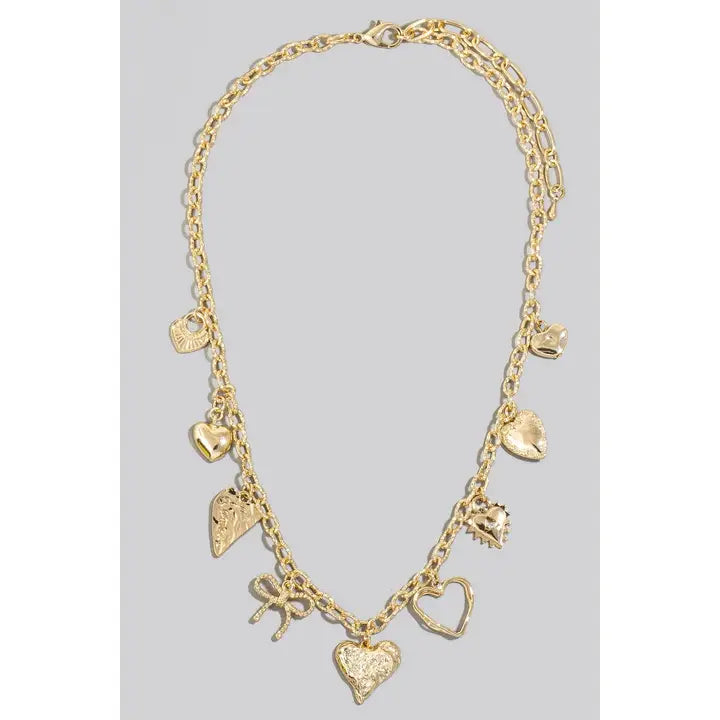 Mixed Heart and Ribbon Charms Chain Necklace