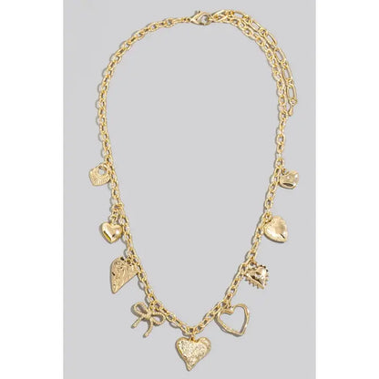 Mixed Heart and Ribbon Charms Chain Necklace