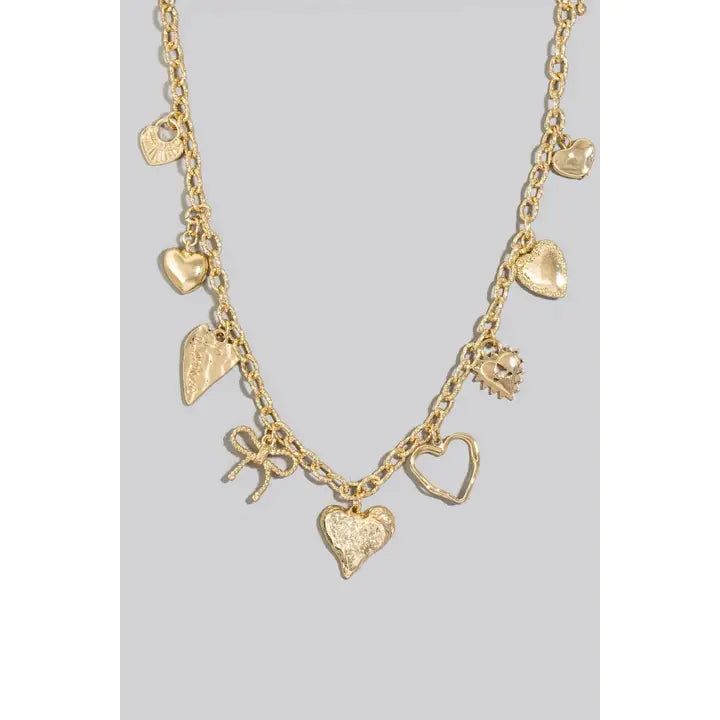 Mixed Heart and Ribbon Charms Chain Necklace