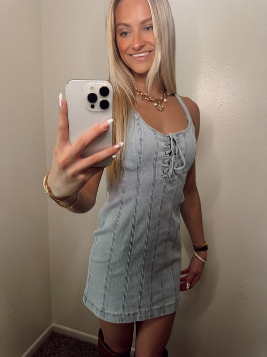 Lace Up Front Halter Denim Dress