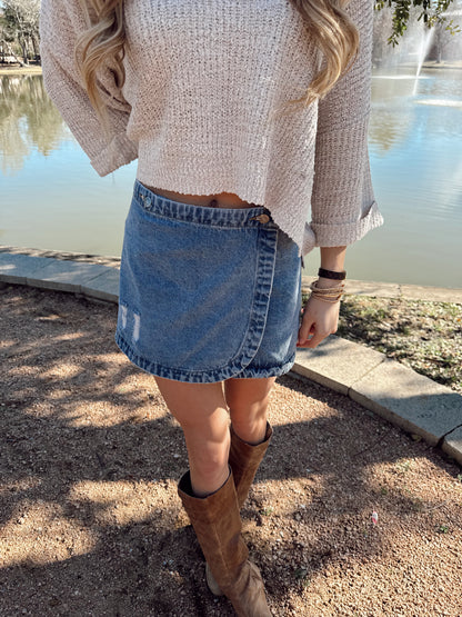 Stone Washed Wrap Mini Skirt
