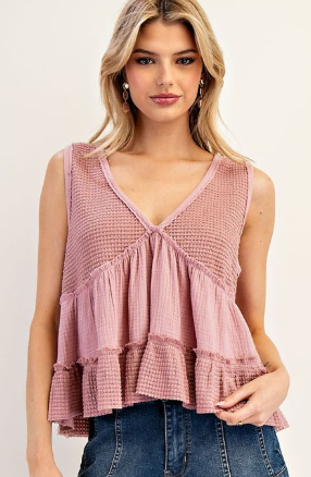 Waffle Knit V-Neck Top