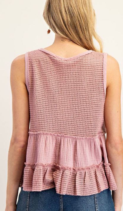Waffle Knit V-Neck Top