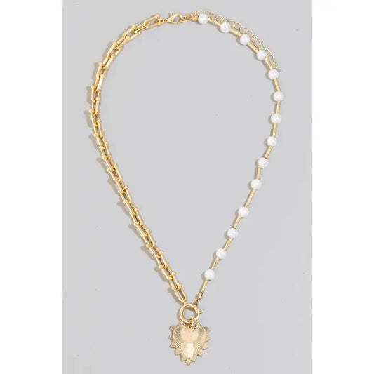 Heart Pendant Pearl Beads and Chain Necklace