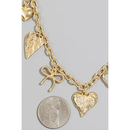 Mixed Heart and Ribbon Charms Chain Necklace