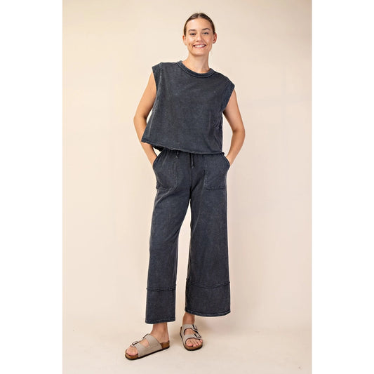 MINERAL WASHED CROPPED WIDE LEG PANT