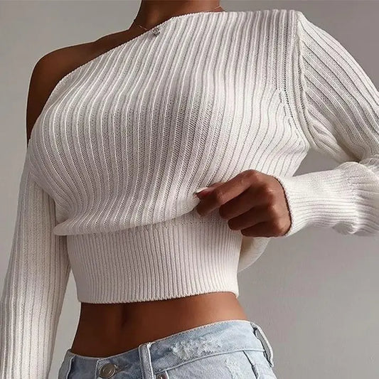Diagonal Shoulder Short Knit Pullover Sweater